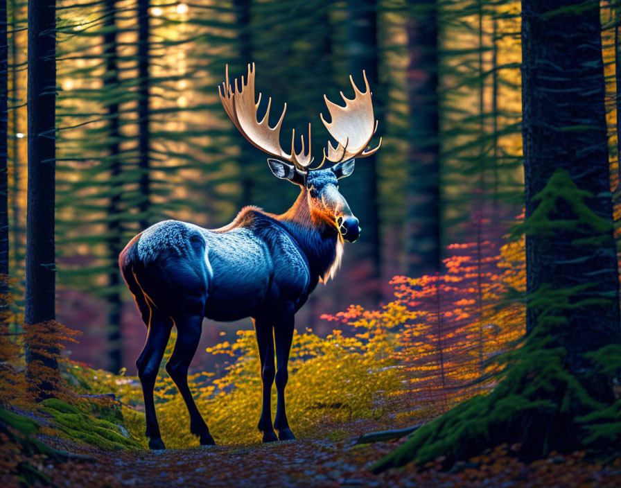 Majestic elk in forest at dusk with sunlight and autumn colors