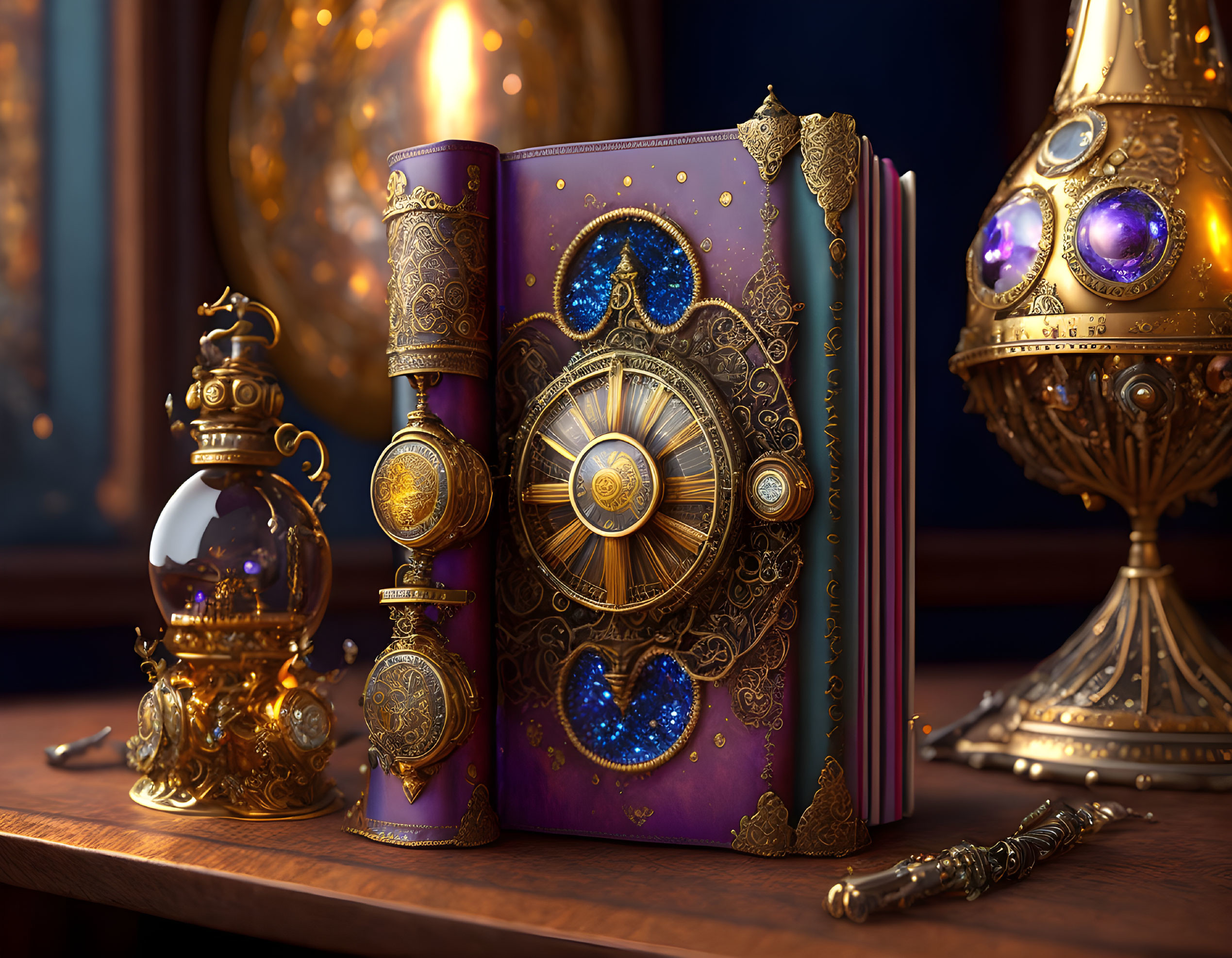 Intricate fantasy-style book with golden embellishments, purple cover, potion bottle, and metallic sphere