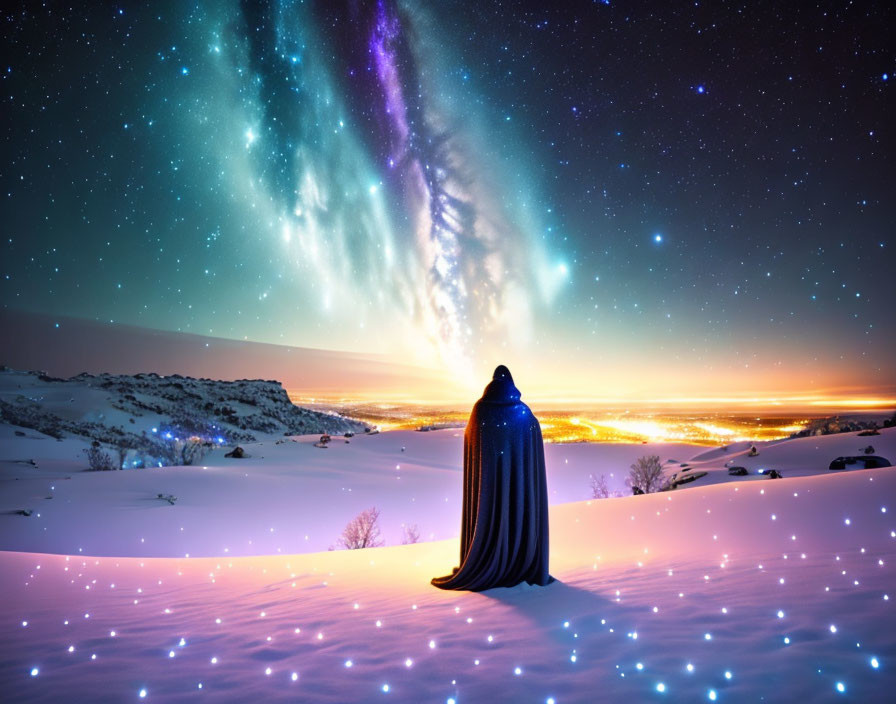 Cloaked Figure Gazes at Aurora Borealis Over Snowy Hill