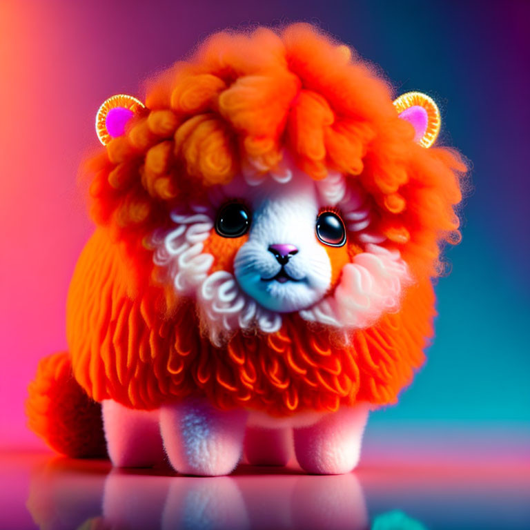 Colorful digital illustration of fluffy orange lion with anime-style eyes on gradient background