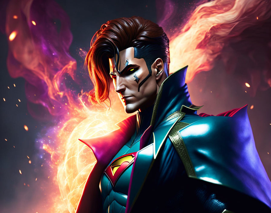 Male superhero with black hair and S-shield on chest in cosmic scene