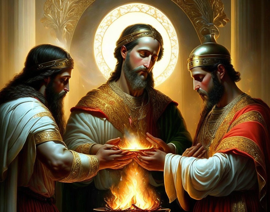 Three men in regal ancient attire with halos performing a solemn ritual.