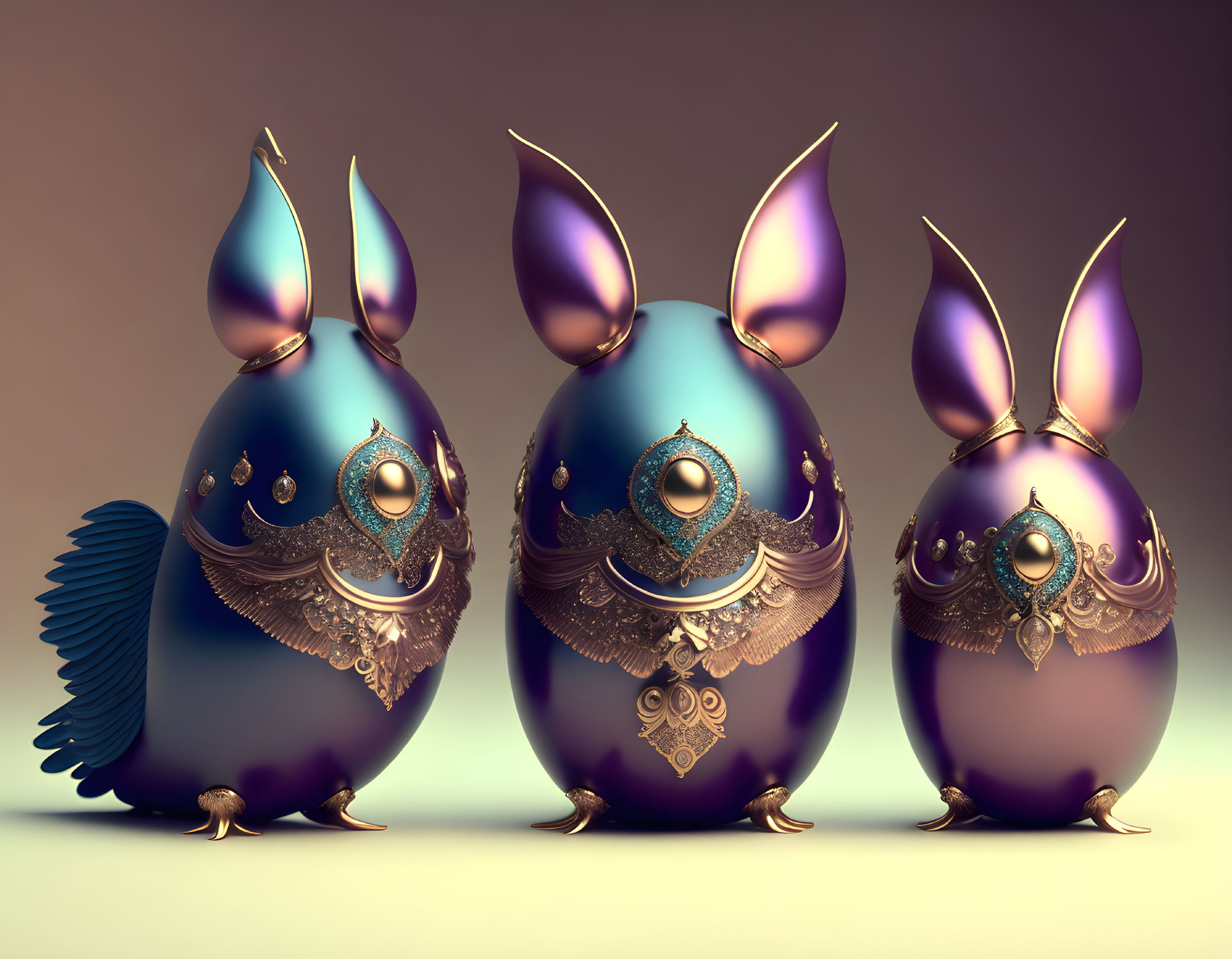 Egg-shaped metallic sculptures with intricate eye, wing, and ear designs