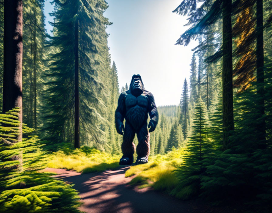 Mysterious figure resembling Bigfoot in lush forest setting