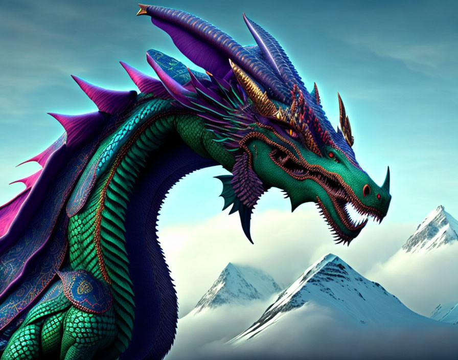 Colorful Dragon with Scales and Red Eyes Against Mountain Background