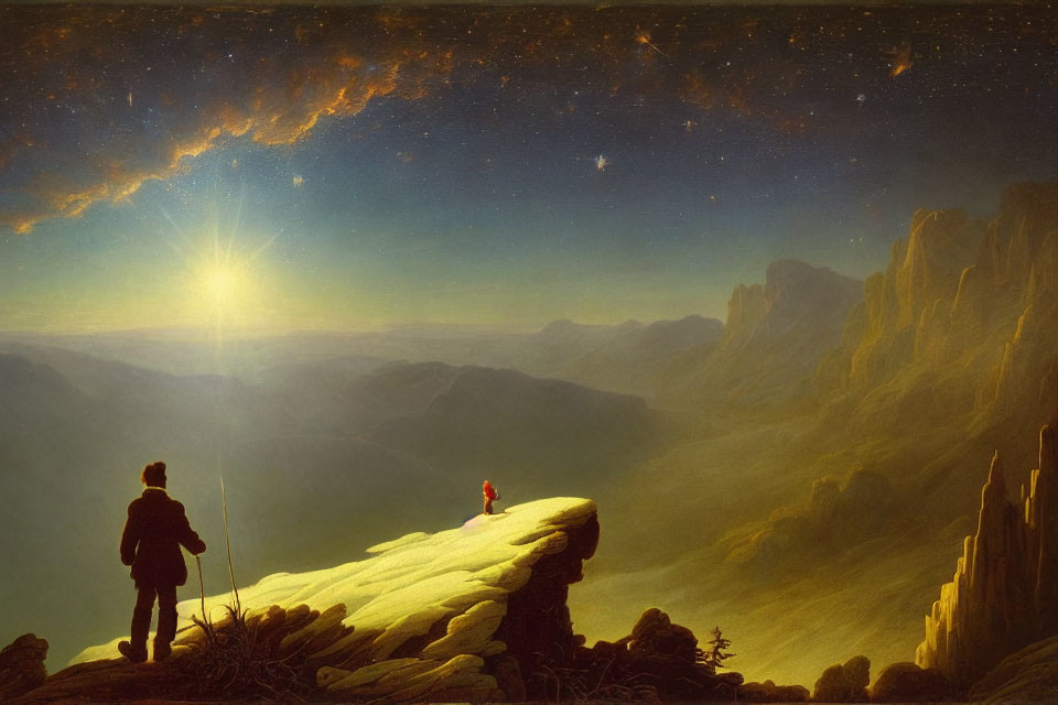 Person on rocky outcrop gazes at sunrise over mountains under starry sky.