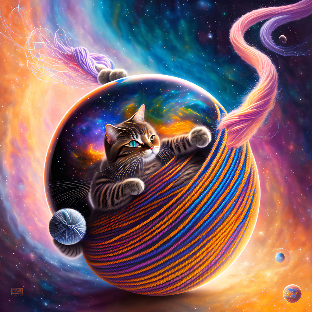 Striped cat on colorful space planet with yarn rings and galactic background.