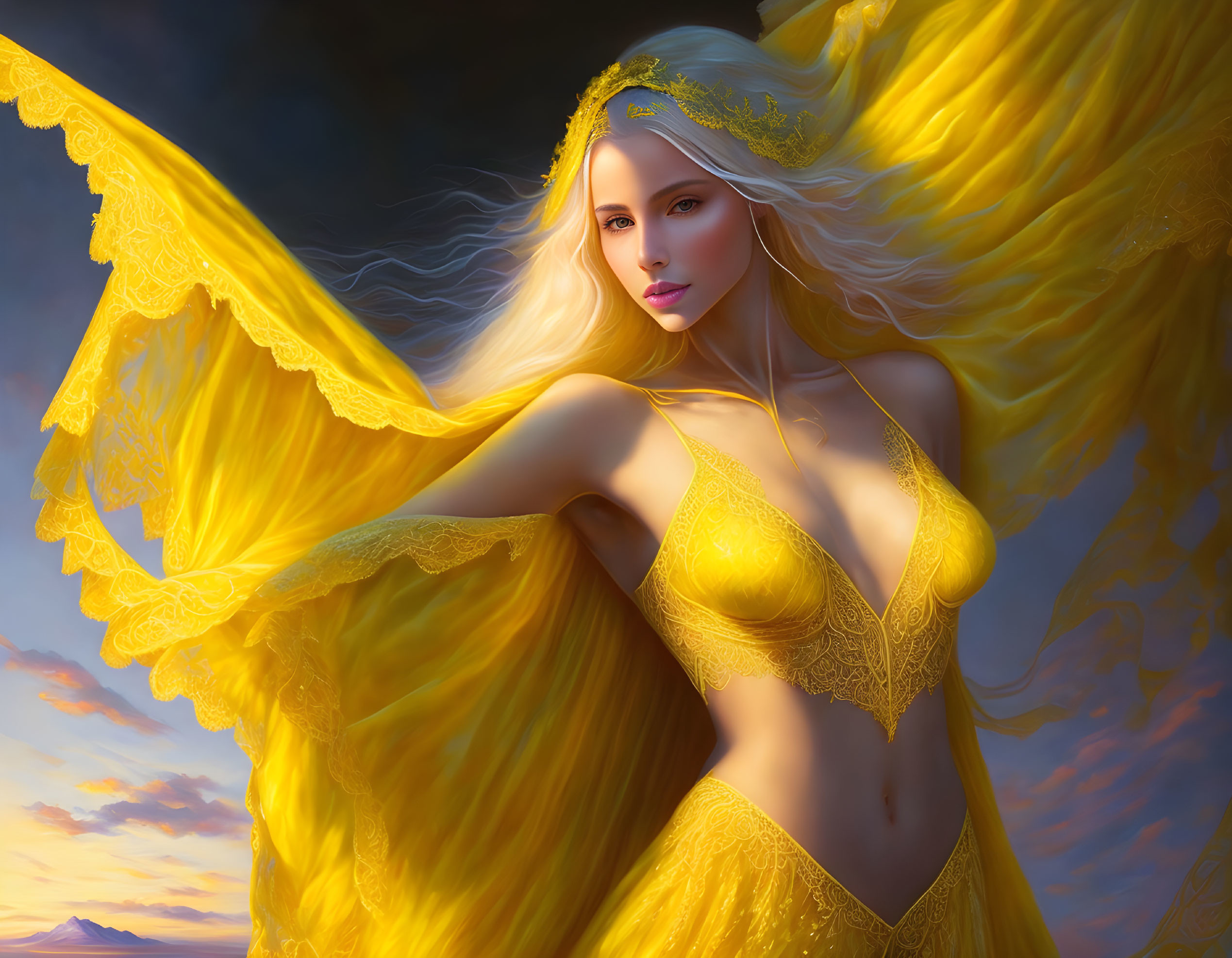 Fantasy illustration of woman with golden hair and dress against twilight sky