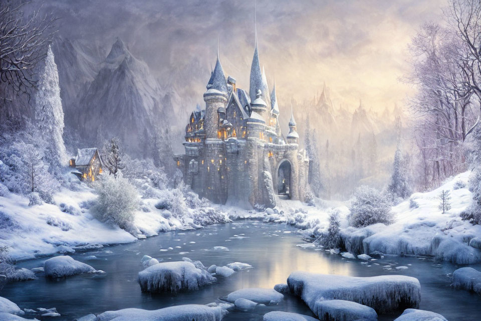 Majestic castle in serene winter landscape