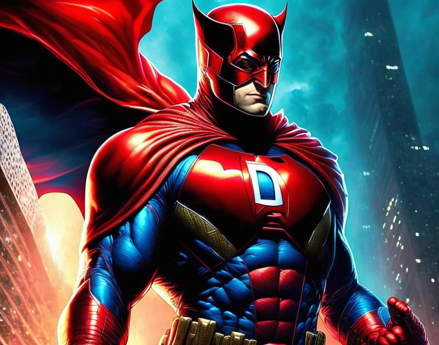 Muscular superhero in red and blue suit with "D" emblem, masked face, against stylized