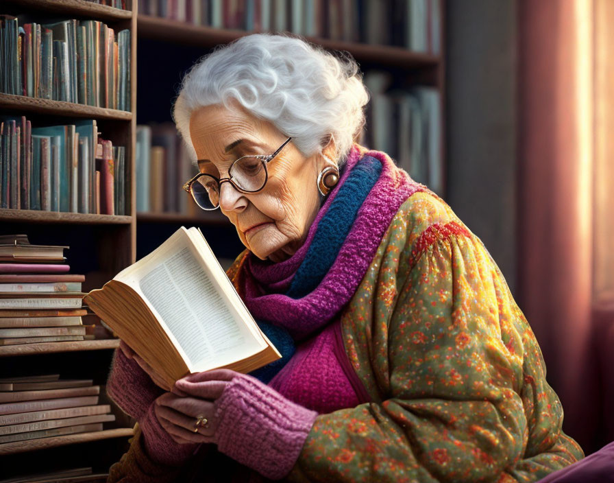 Elderly woman with silver hair reading book in cozy library