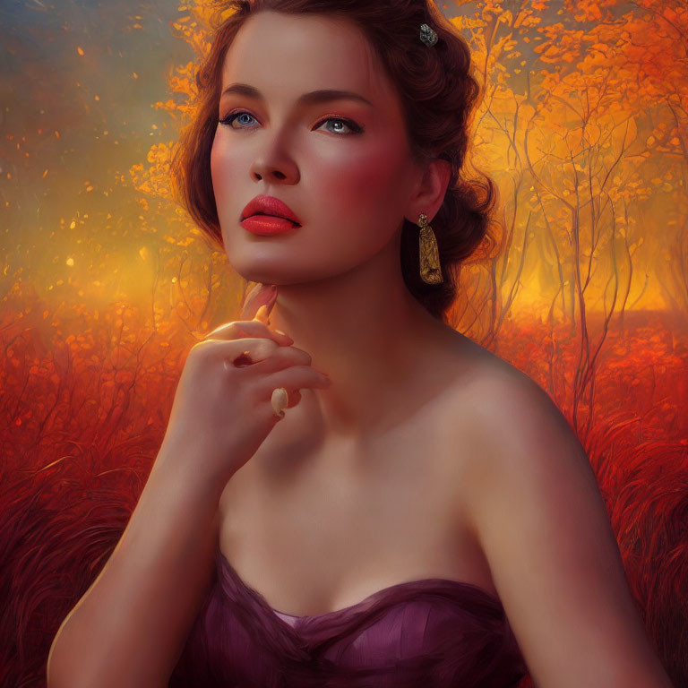 Woman in Purple Dress in Autumnal Setting Touching Chin