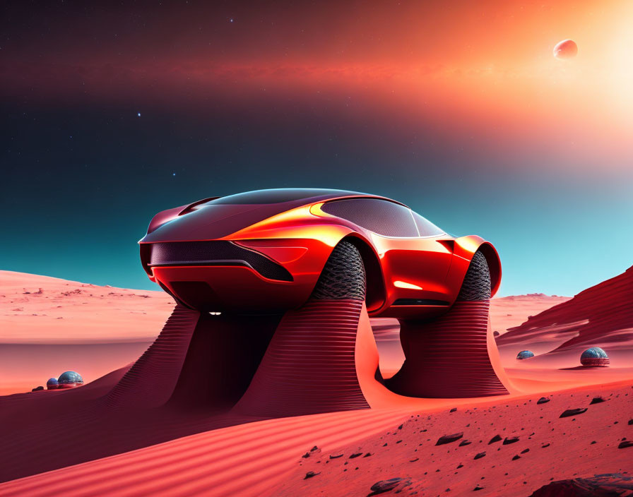 Red futuristic car on alien planet with red sand dunes and dual moons