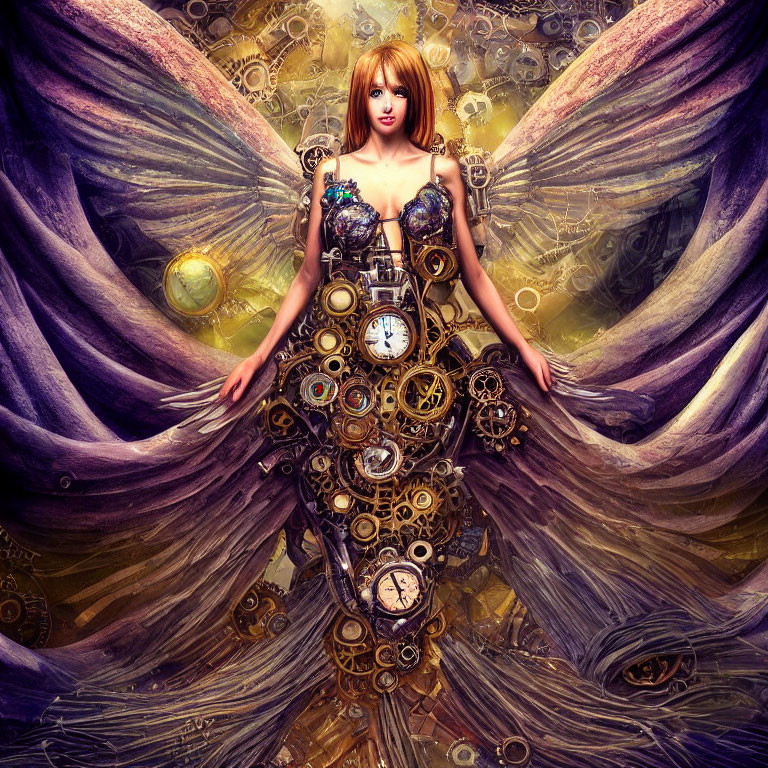 Steampunk-inspired image of woman with mechanical wings and clock-adorned dress