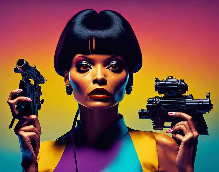 Bob-Haired Woman Holding Two Guns on Colorful Background