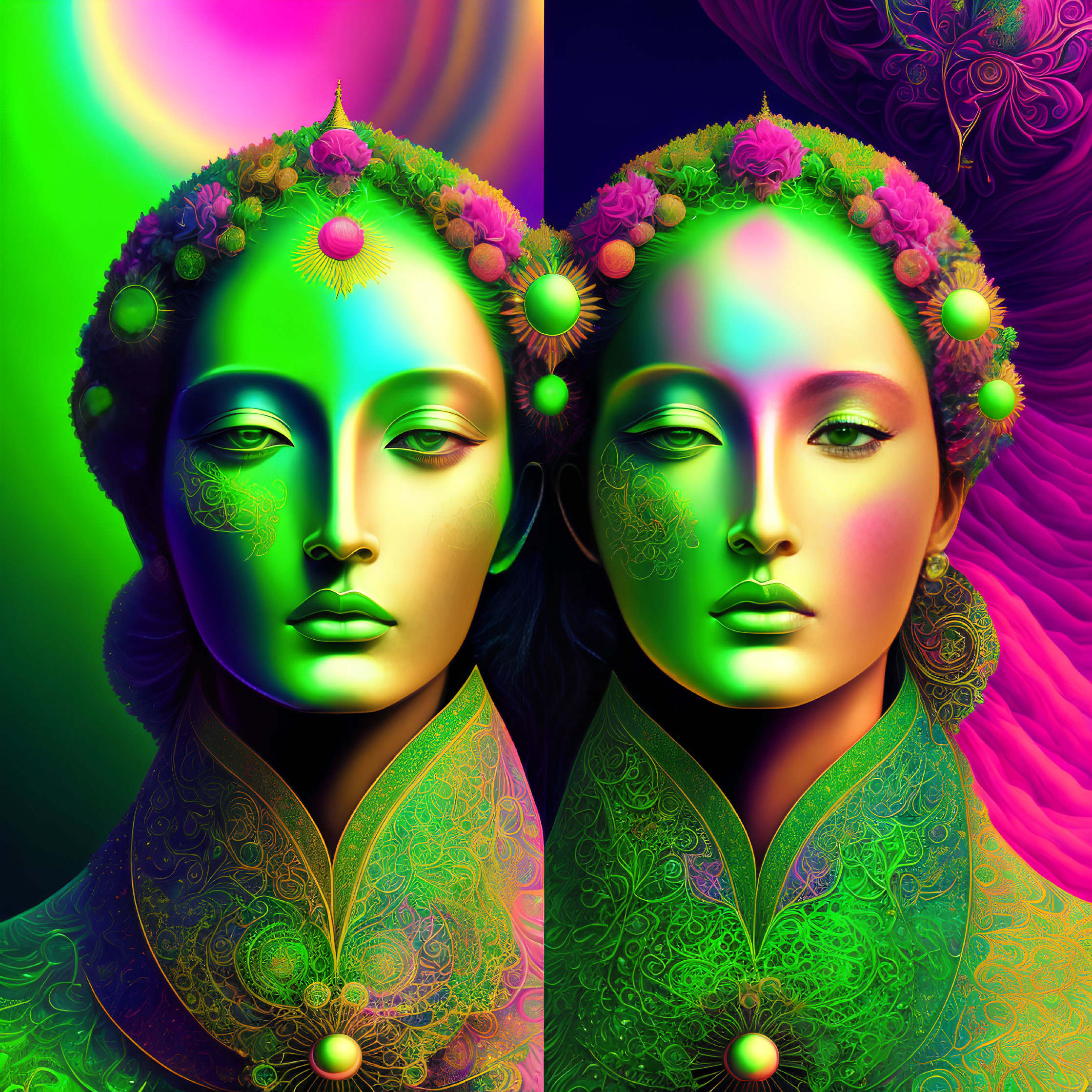 Symmetrical faces with floral crowns in vibrant digital art