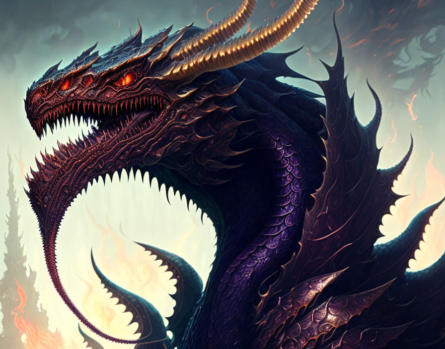 Majestic dragon with red eyes and violet scales in smoky setting