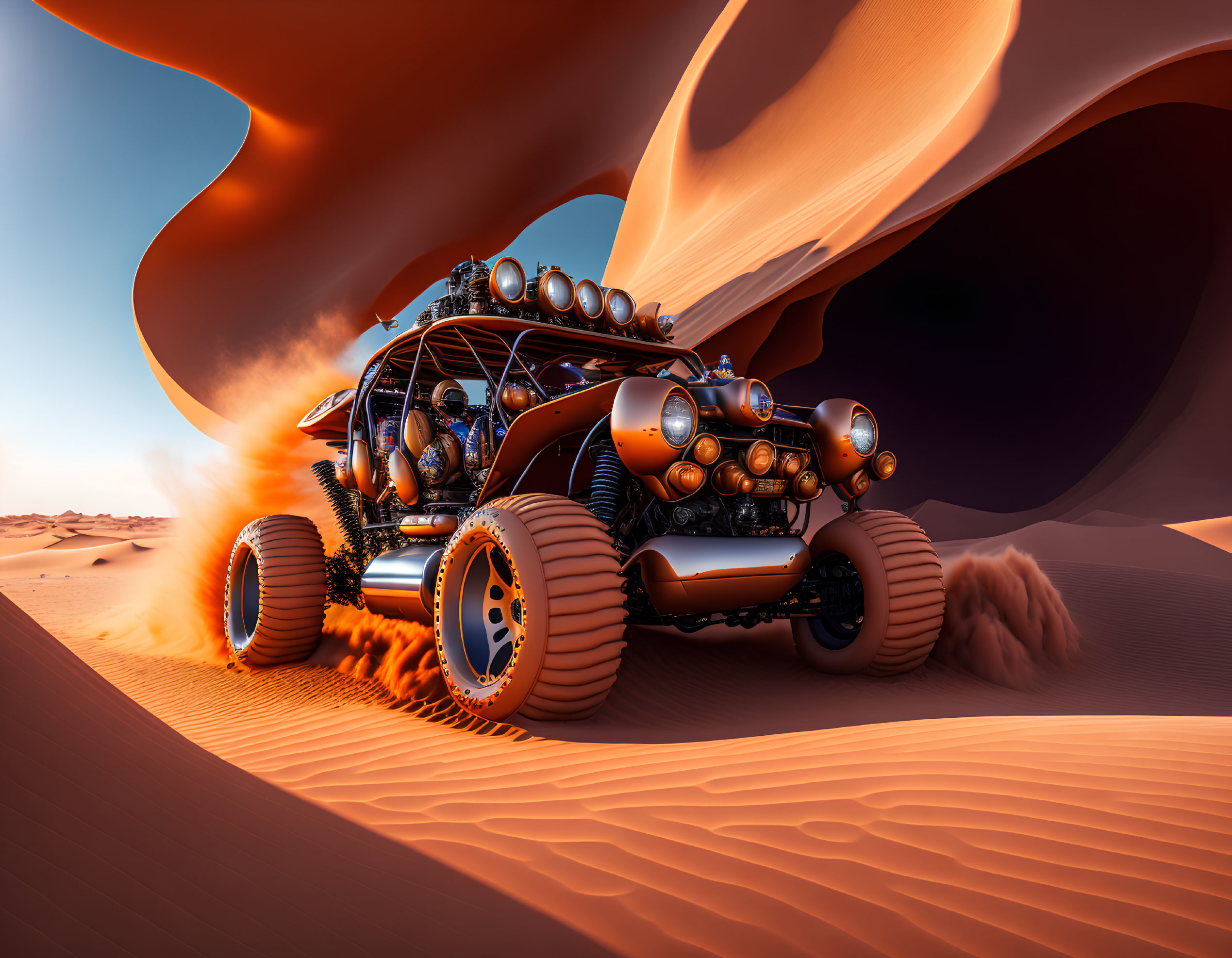 Futuristic off-road vehicle racing in desert with sand dunes
