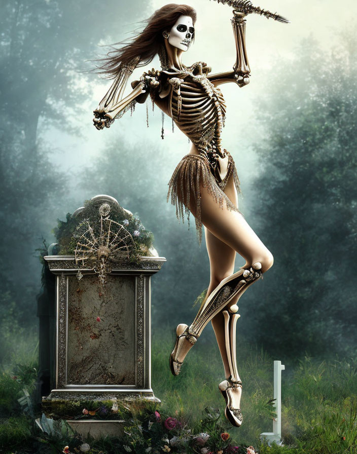 Skeletal figure with long hair beside grave in foggy forest landscape