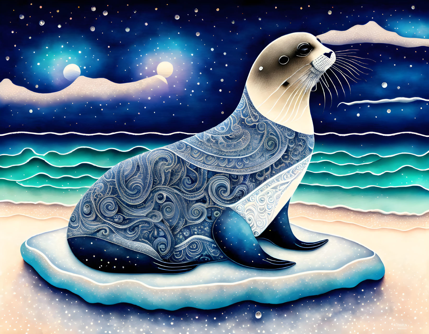 Stylized seal with intricate patterns on ice floe under starry night sky