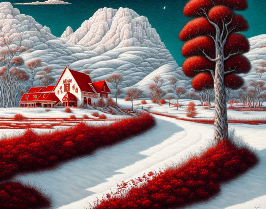 Red and White Landscape with House, Snowy Grounds, and Red Foliage