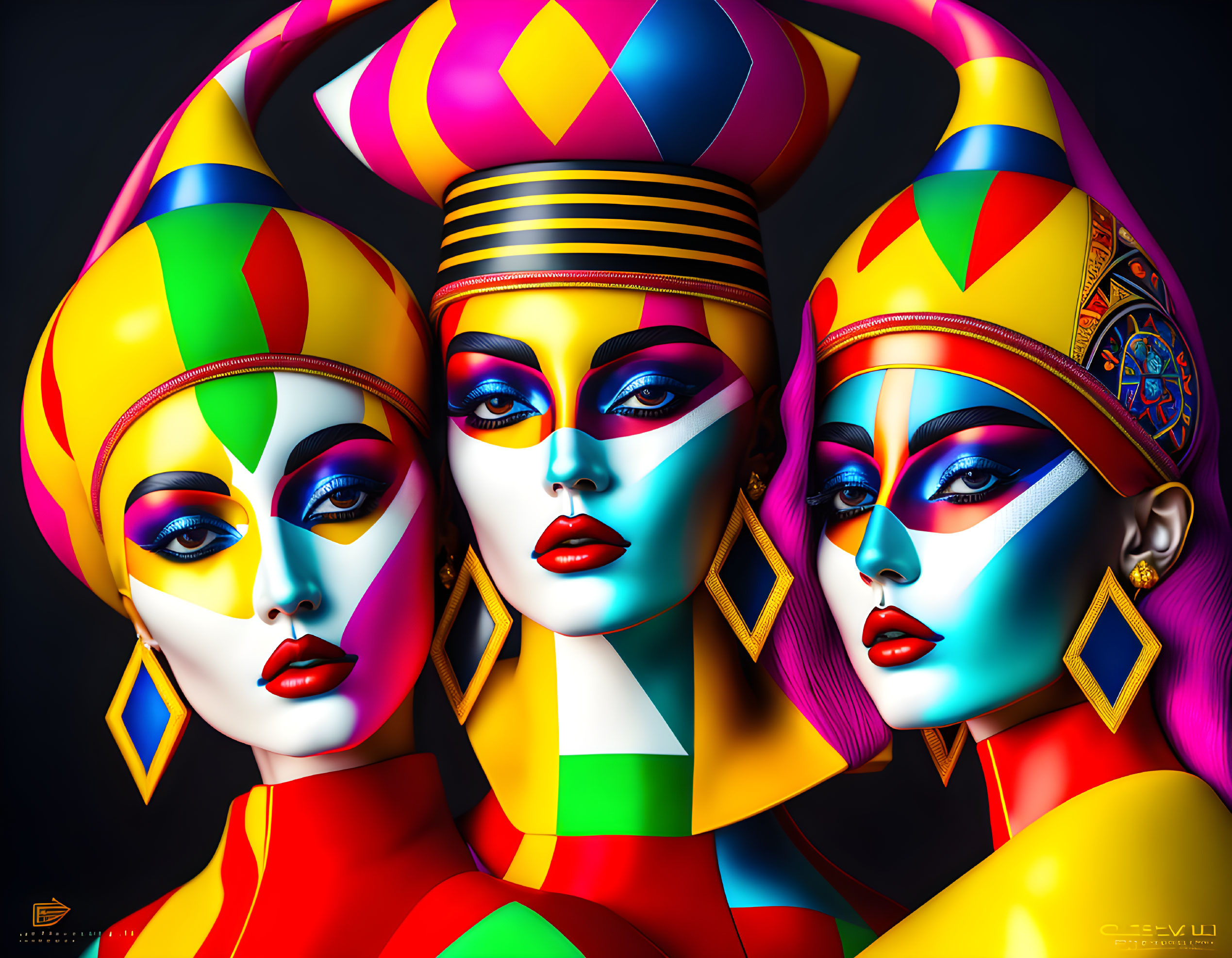 Colorful Stylized Female Figures with Abstract Makeup & Geometric Headpieces