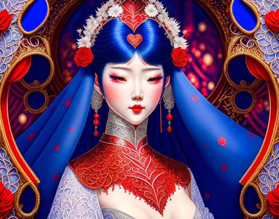 Illustrated woman in blue hair and traditional attire on ornate background