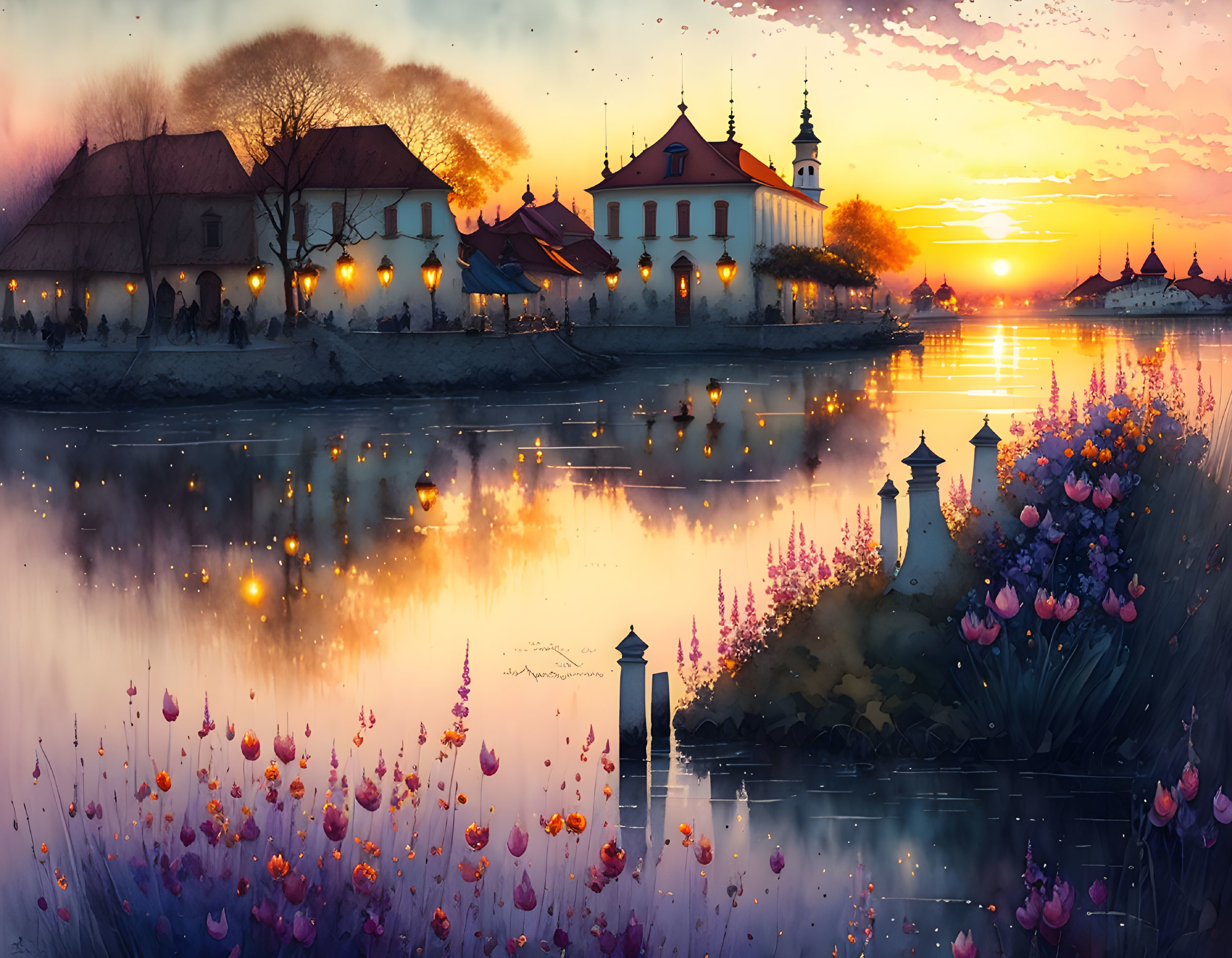 Scenic sunset with reflections, flowers, and old buildings under orange sky