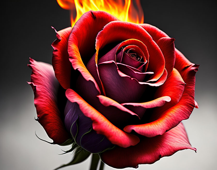 Vibrant red rose with dark-tinted petals and burning flame