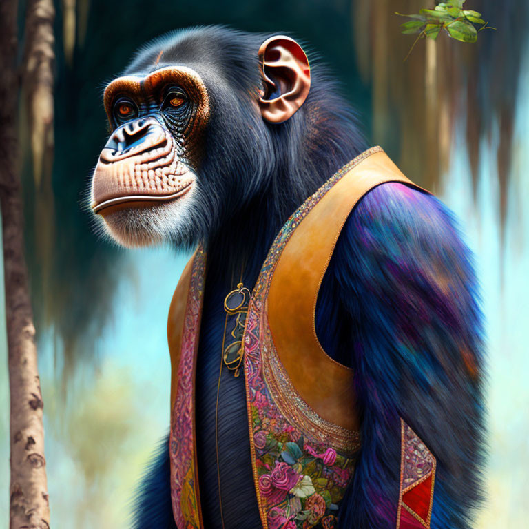 Detailed chimpanzee illustration in embroidered vest against forest backdrop