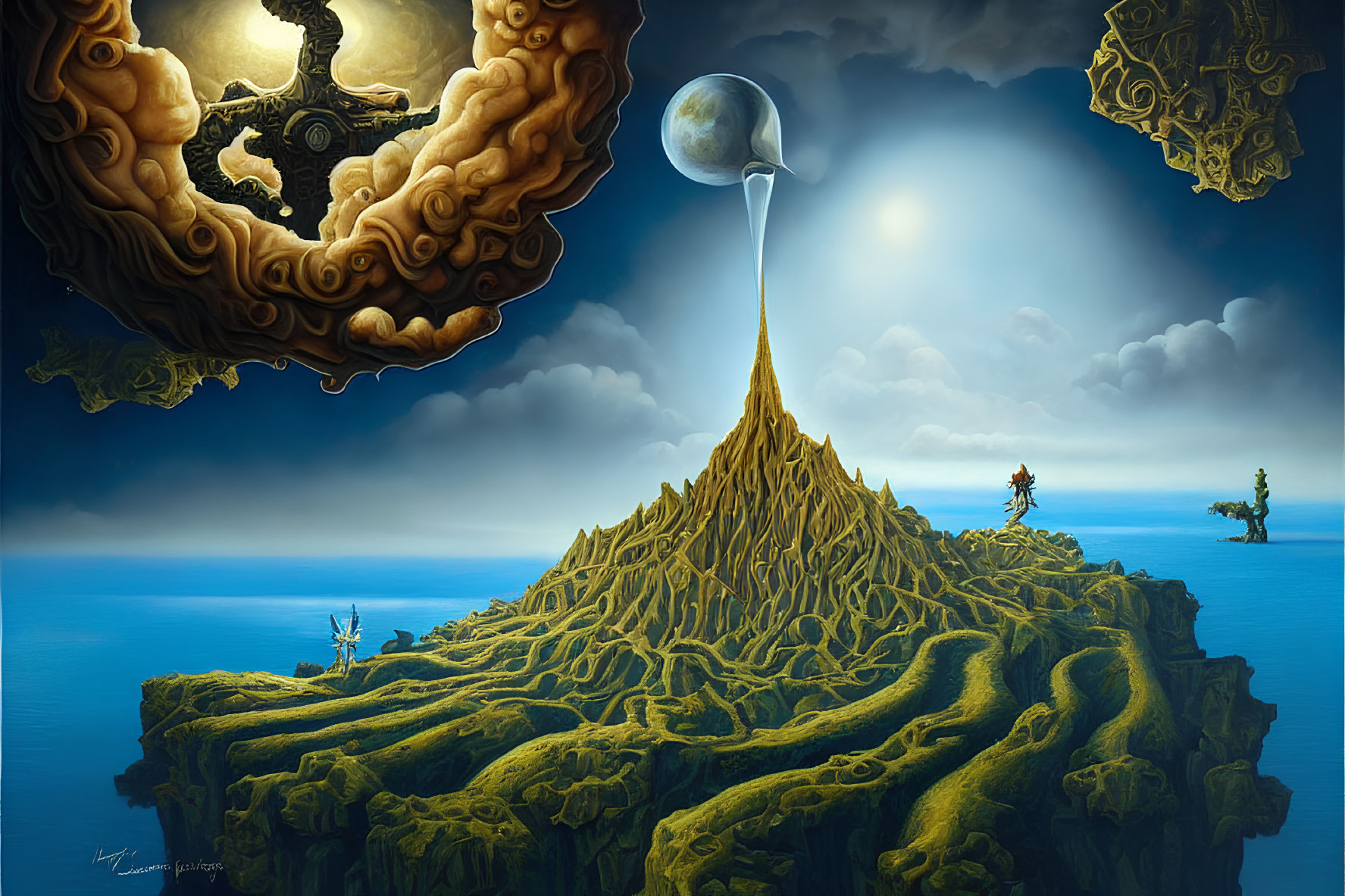 Surreal landscape with floating gear and levitating rock in moonlit scene