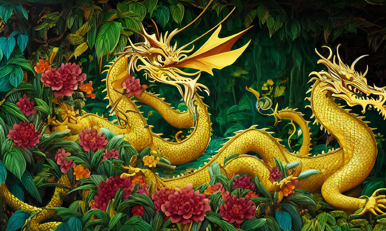 Illustration of Two Golden Dragons in Lush Green Foliage