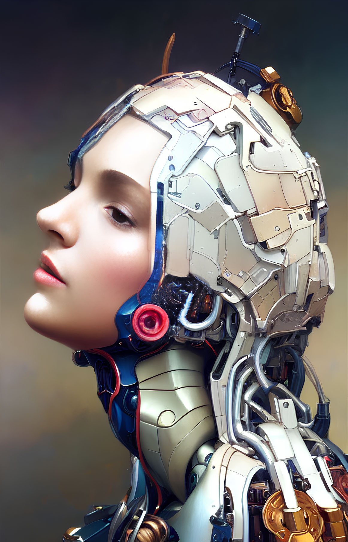 Detailed Futuristic Female Android with Mechanical Head and Human Face