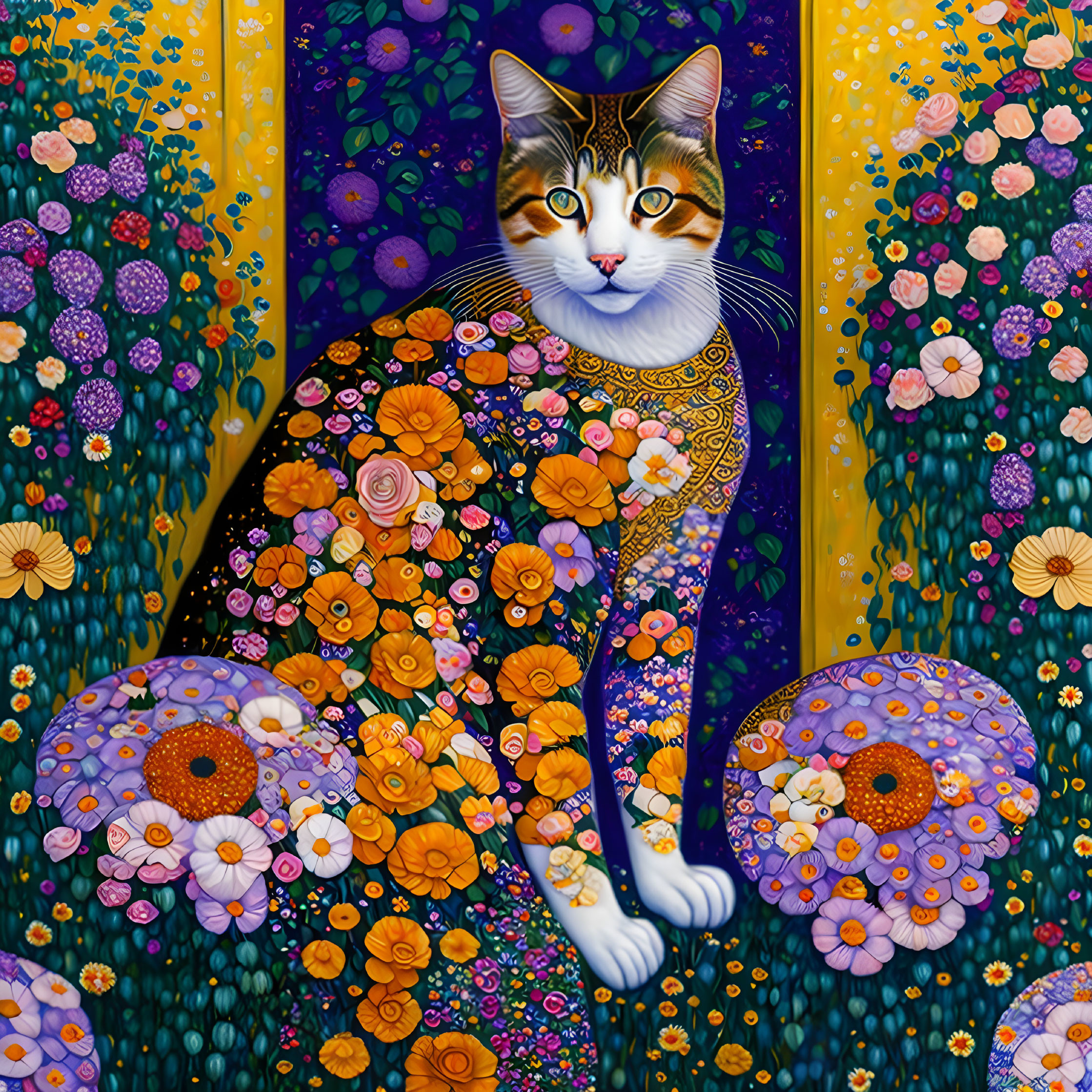 Colorful Artwork: Patterned Cat in Floral Setting