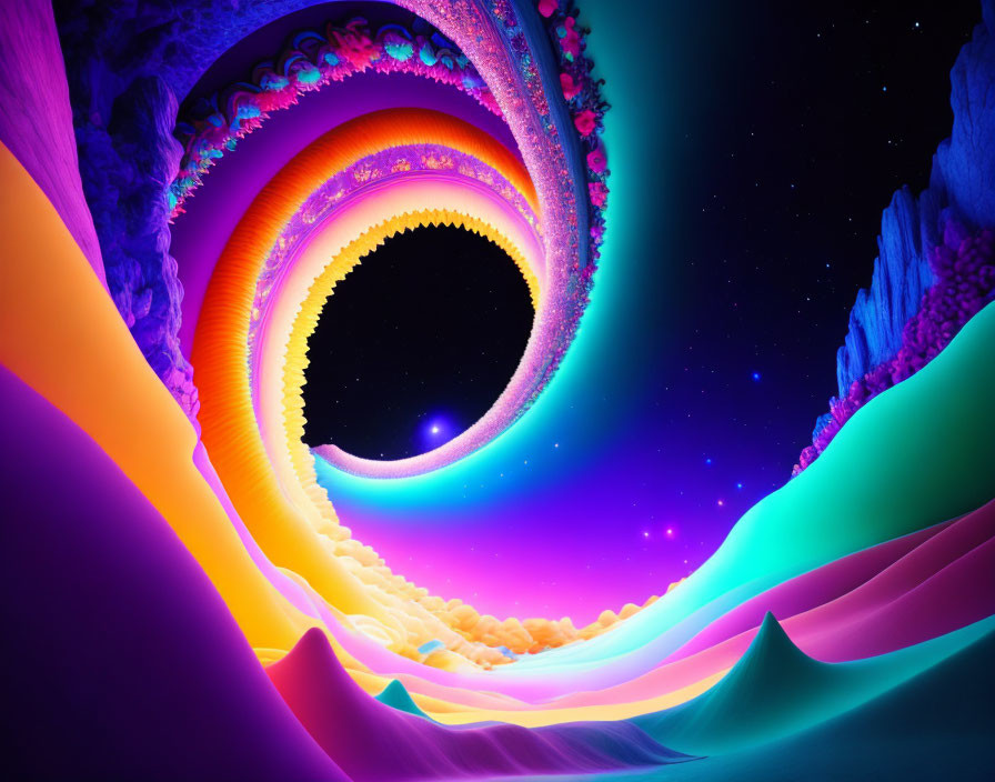 Colorful Surreal Landscape with Neon Hills and Vortex