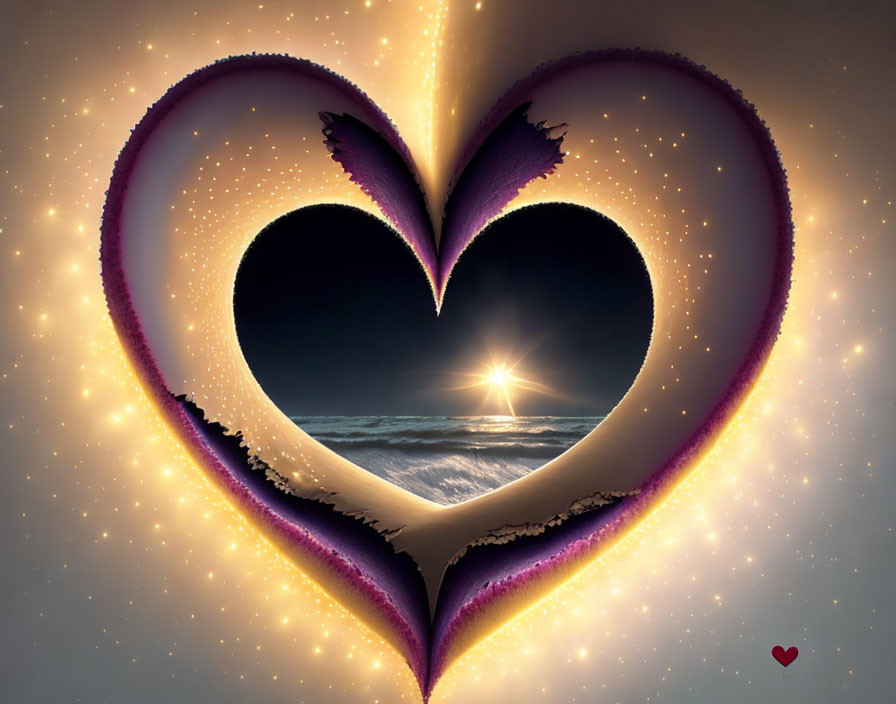 Heart-shaped portal digital artwork of beach sunset with stars and purple wing-like edges