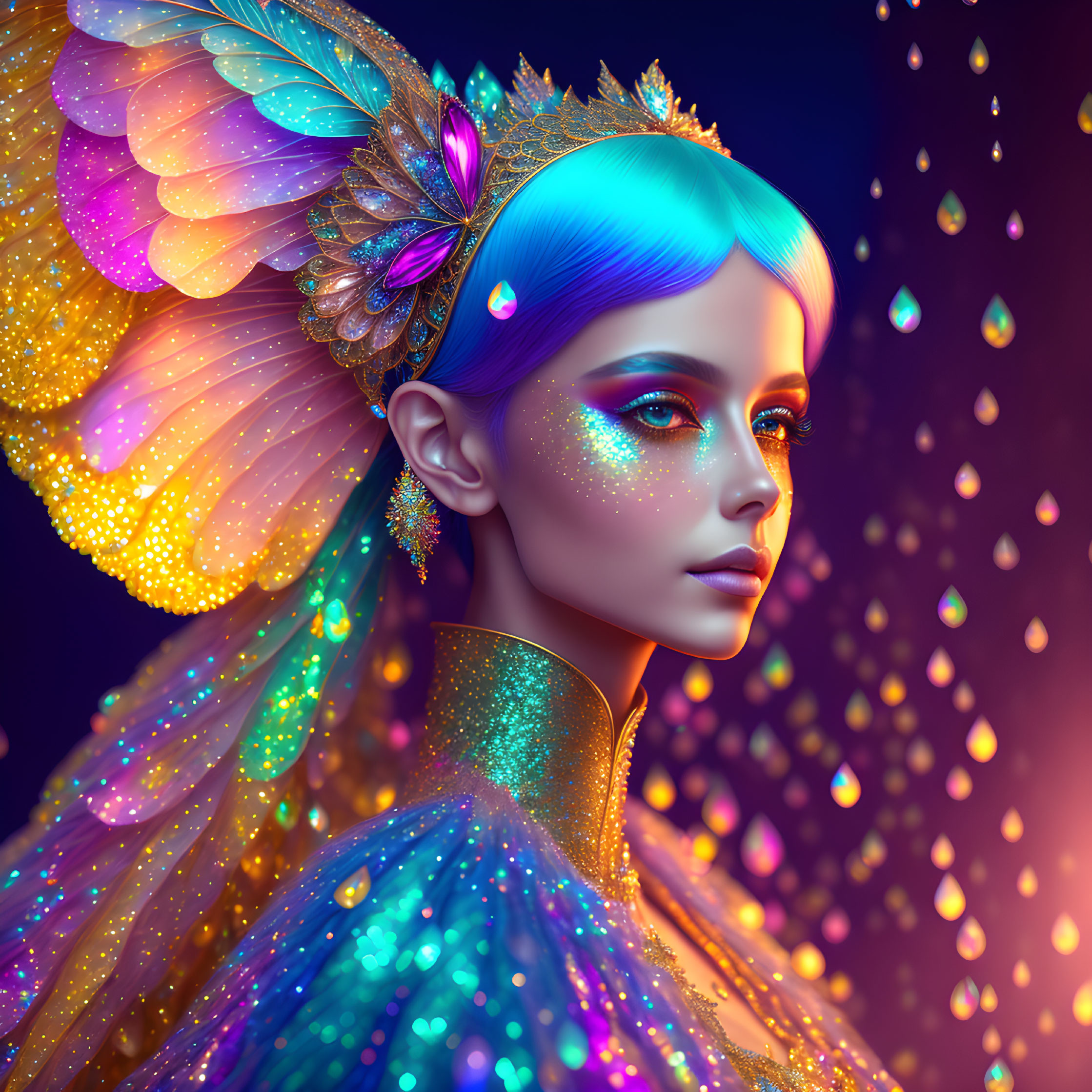 Digital artwork: Blue-skinned person with golden butterfly wings and crown on vibrant background with falling droplets