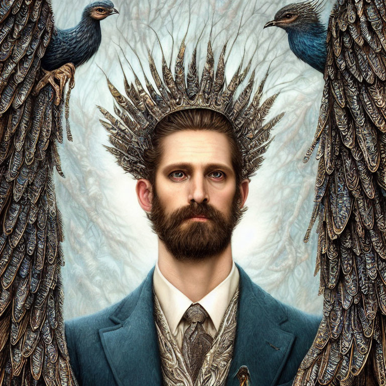 Man in suit with peacock feather crown and two peacocks.