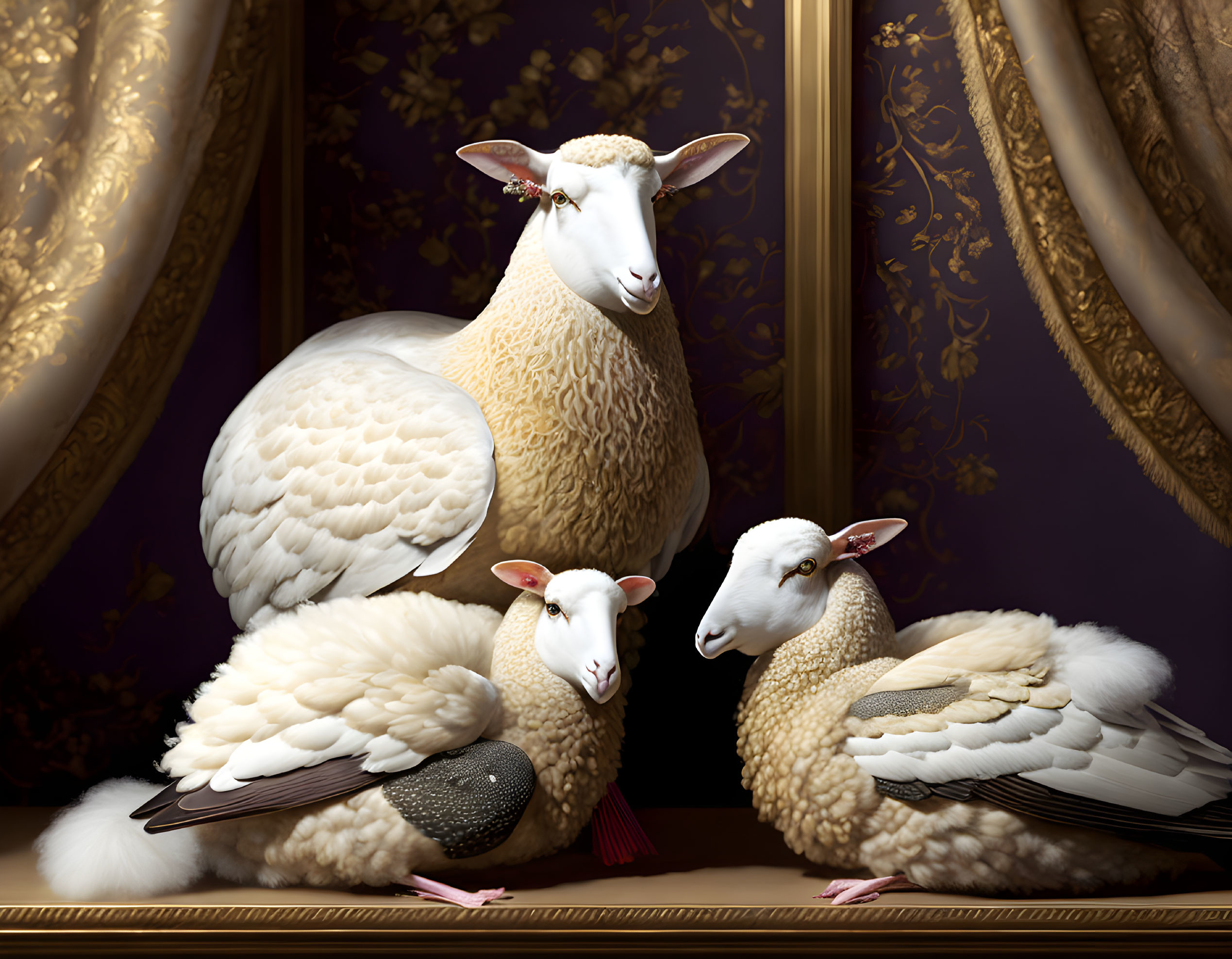 Regal sheep with wing-like appendages in ornate room