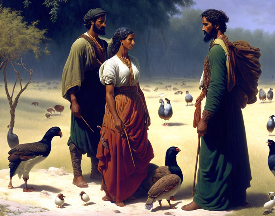 Historical individuals in conversation in serene meadow with pigeons and doves