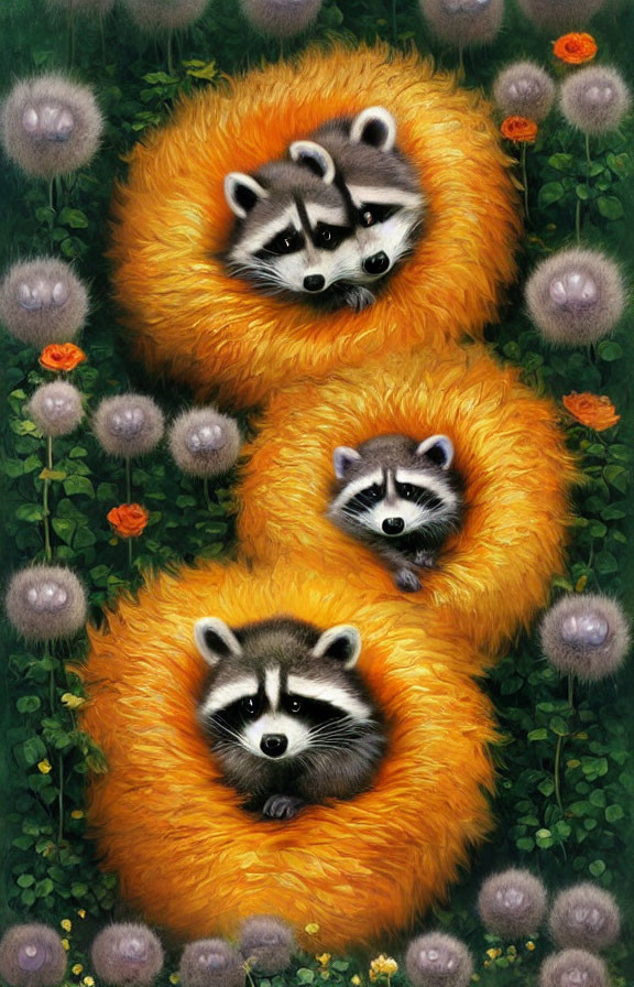 Three raccoons in orange flower field with dandelion-like plants