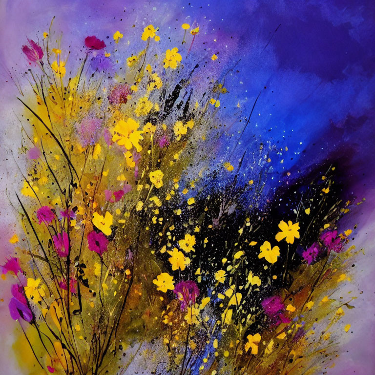 Colorful Abstract Painting with Yellow and Pink Flowers on Dark Blue and Purple Background