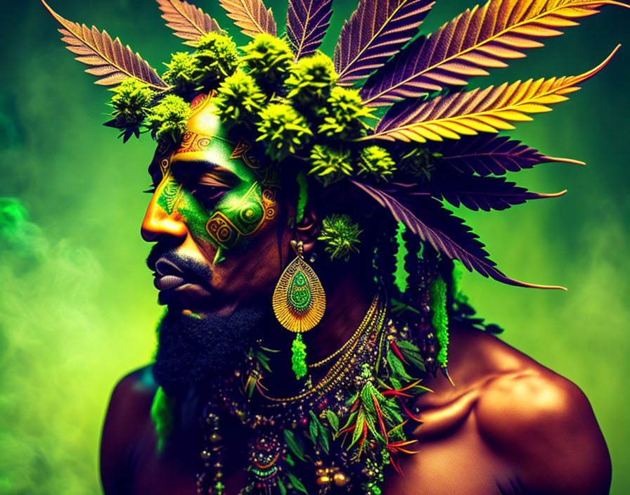 Person wearing cannabis-leaf headdress in mystical setting