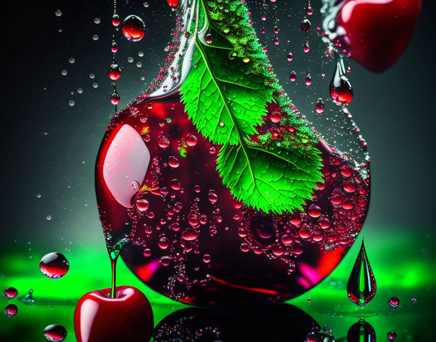 Colorful Green Leaves and Red Cherries with Water Droplets on Vibrant Background