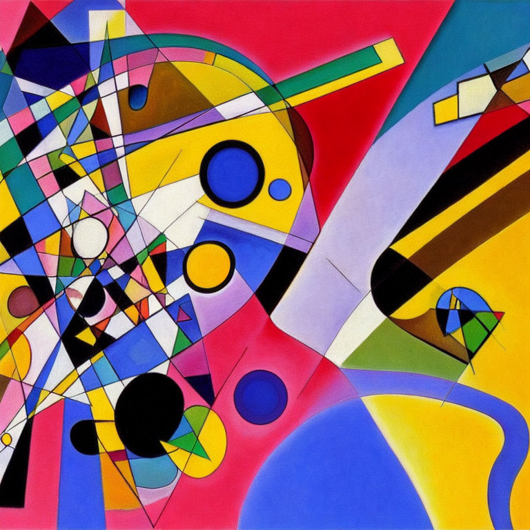 Abstract painting with vibrant geometric shapes in bright colors