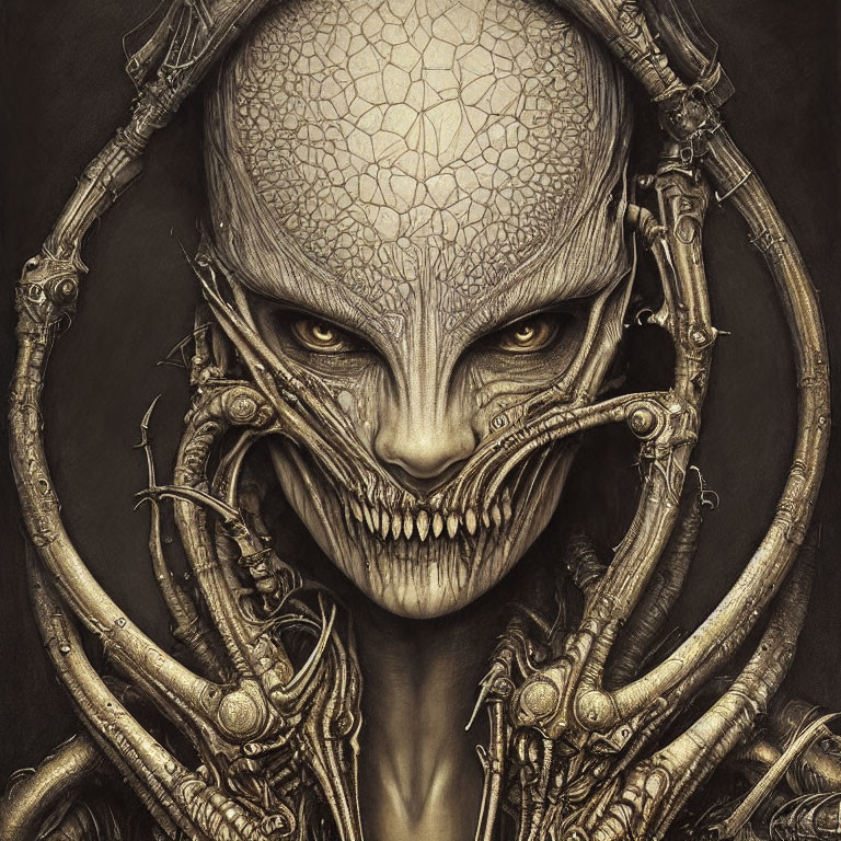 Biomechanical creature with cracked skull-like face in metallic frame