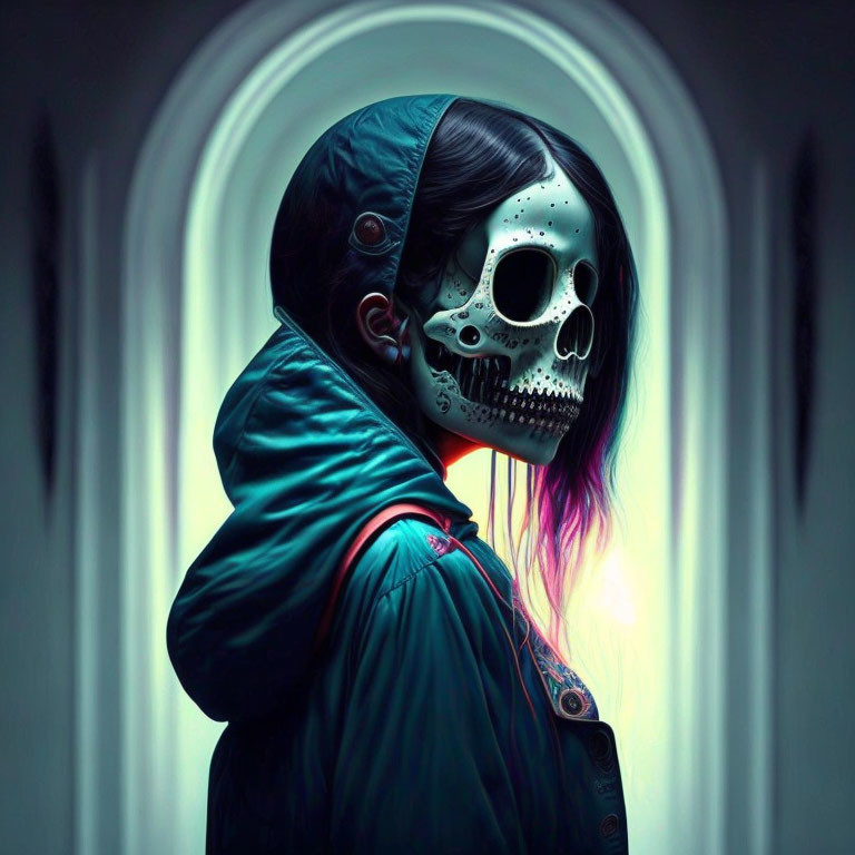 Skull-faced person in profile with hooded jacket and bright light on dark background