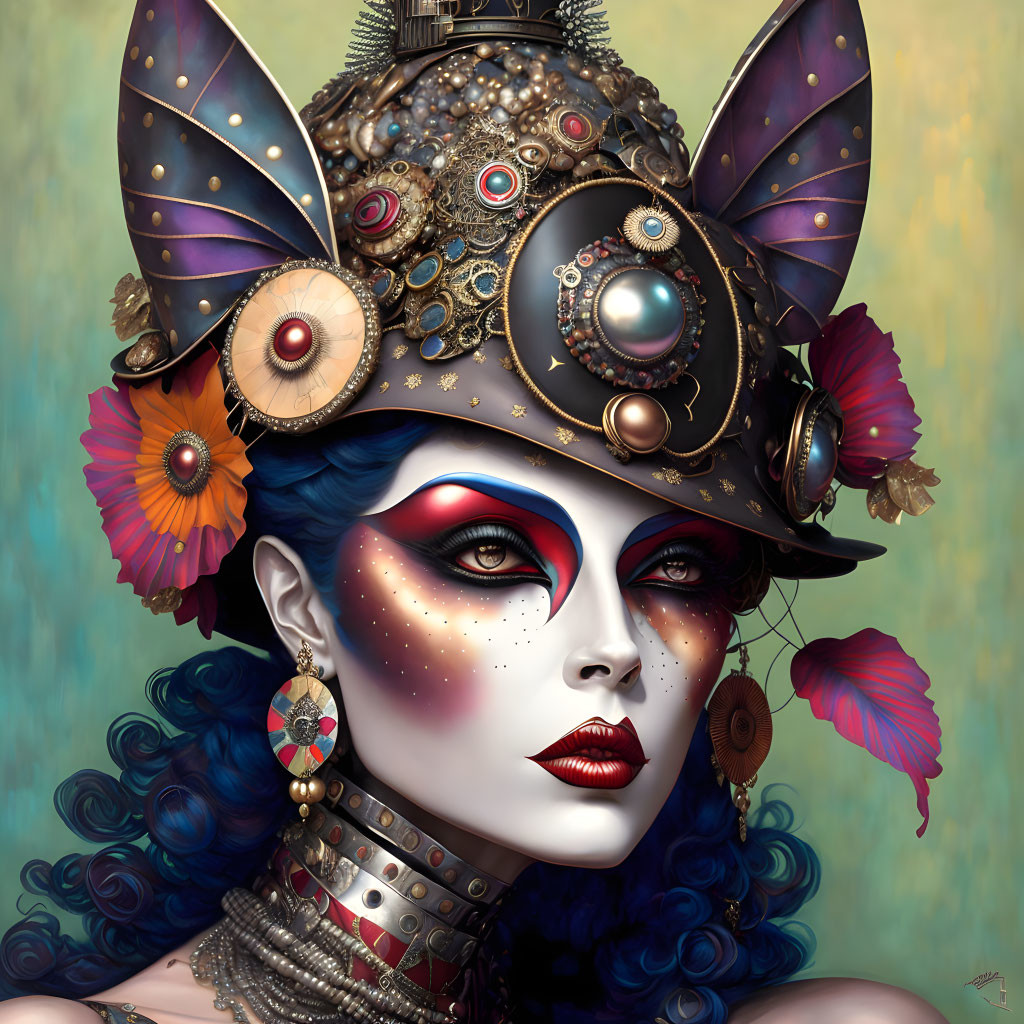 Blue-skinned woman in steampunk hat with intricate makeup and vibrant flowers