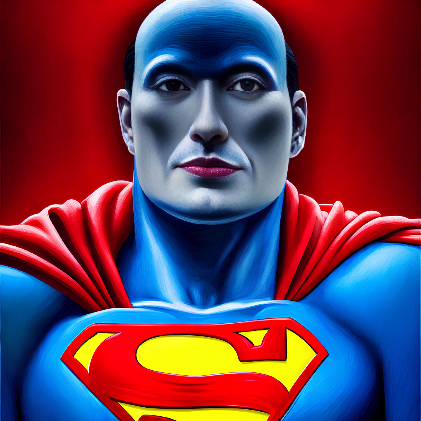 Person in Superman costume with 'S' logo on blue and red background