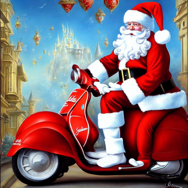 Santa Claus on Red Scooter Amid Classical Buildings and Ornaments